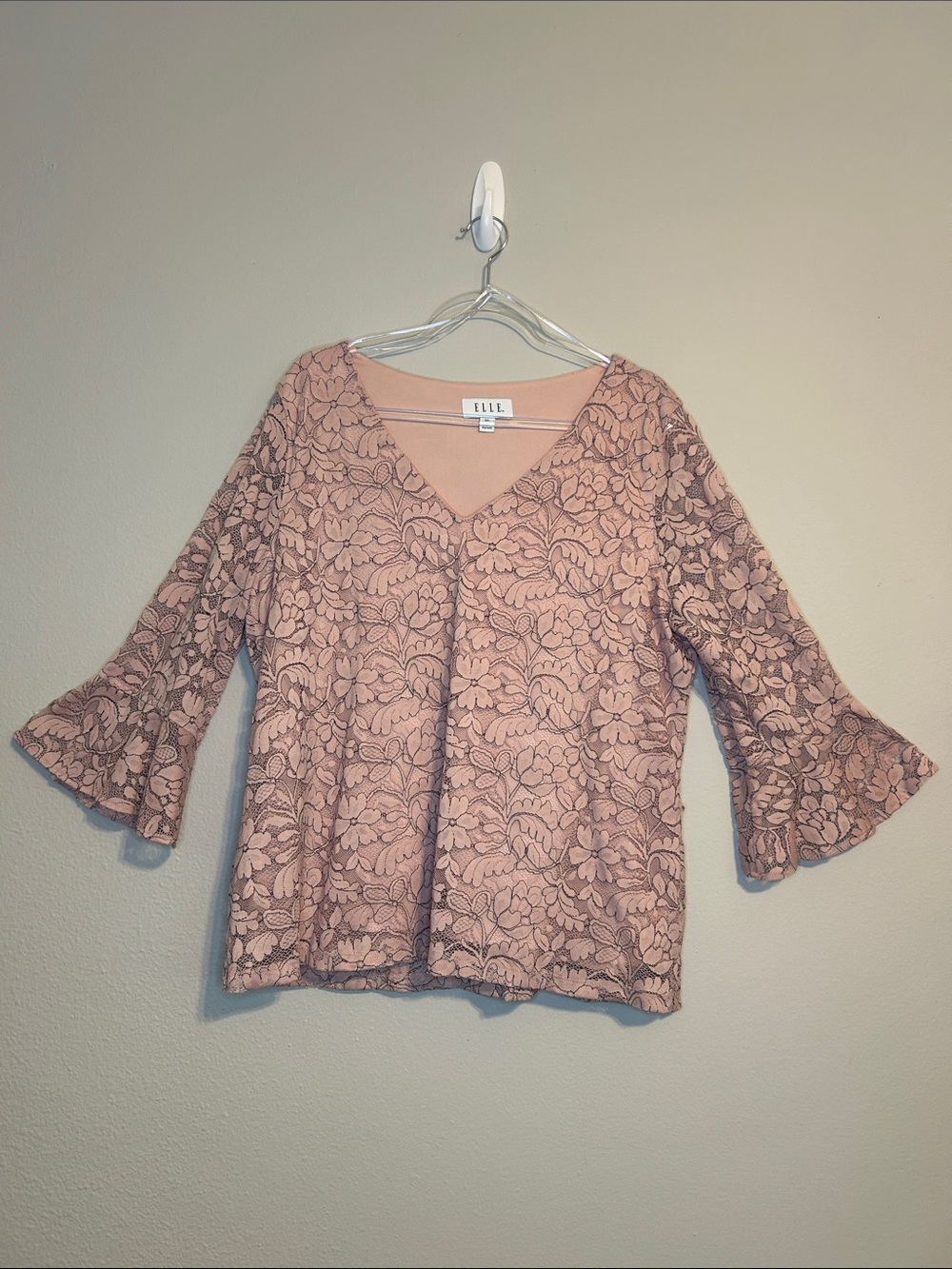 Elle Pink Floral Lace V-Neck Bell Sleeve Top Size XXL